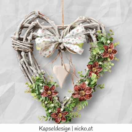 Herz aus Weide Tür- oder Wandschmuck mit Kapselblüten und Kunstranken ca. 45 x45 cm 3 Blüten
